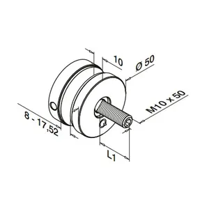 Pistekiinityshela D 50 mm, kierretappi M10x50mm, lasille 8-18mm