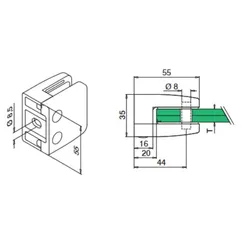 Kiinnityskappale 55x55 mm suora lasille 8,76; 10; 12; 12,76 mm
