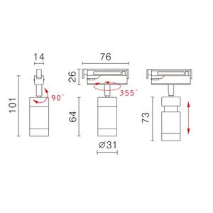LED kohdevalaisin TU-223 kiskolle, 7,7W DC24V, valkoinen, 3000K, DIM10-100% adapter