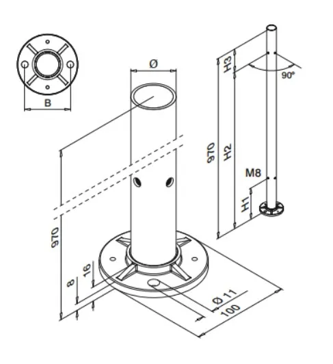 Kaidetolppa asenn.laip. 90, 4 kpl reikää h 970 mm, putkelle 42,4x2 mm, AISI 304