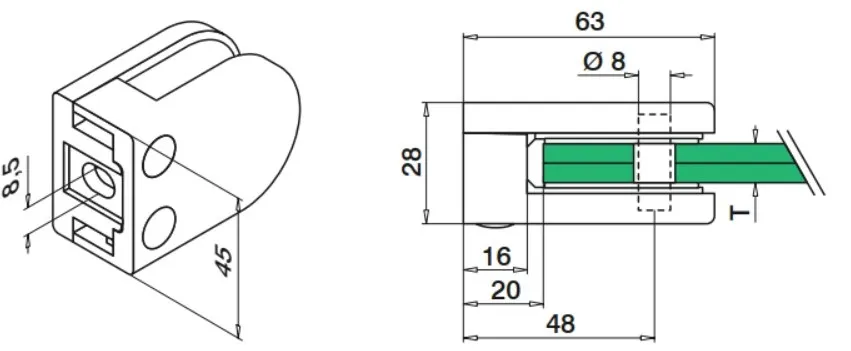 Kiinnityskappale suoralle pinnalle 8mm lasille, kiiltäväkromattu