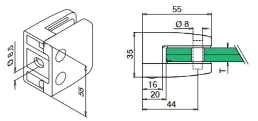 Kiinnityskappale 55x55 mm suora lasille 8,76; 10; 12; 12,76 mm