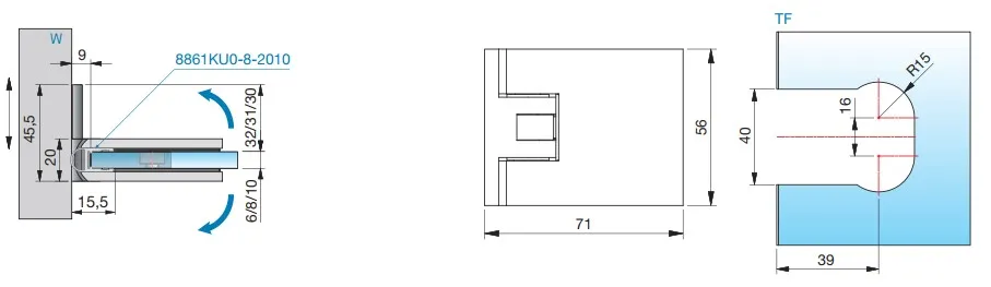 Suihkun kääntöoven sarana Flamea, G-W 90 °, molemmin puolin, lasille 6-10mm, matta kromi