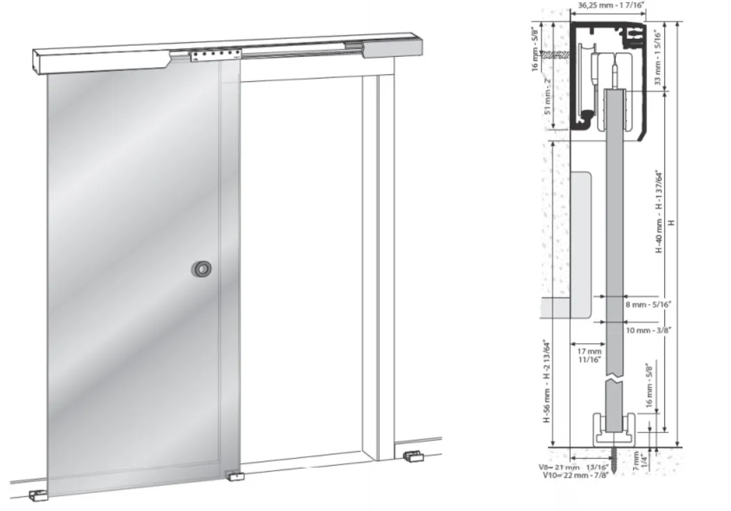 UNIKGLASS6 0 liukuovi sarja, 8mm lasille sarja 3m kiskolla