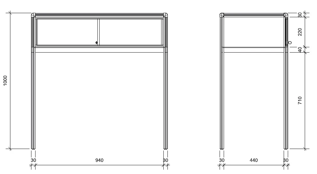Pöytävitriini liukuovilla, lasikorkeus 250mm Mõõt: 1000x5000x1000 mm